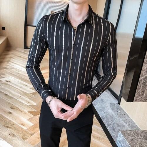 Vintage Striped Mens Shirt Long Sleeve Slim Fit Social Party Nightclub Male Clothing Camisas Para Hombre Business Casual Shirt
