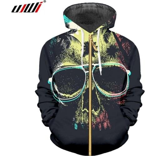 UJWI Man Harajuku Loose Zip Hoodies 3D Black Glasses Skull Mens Favorite Zipper Coat Suppliers Casual Best Selling 5XL