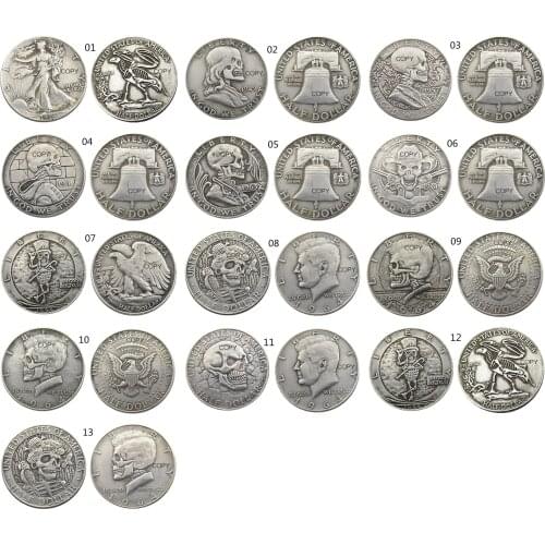 US Hobo Mix 13pcs Different Types Walking/ Franklin/Kennedy Silver Half Dollar skull zombie skeleton hand carved Copy Coins