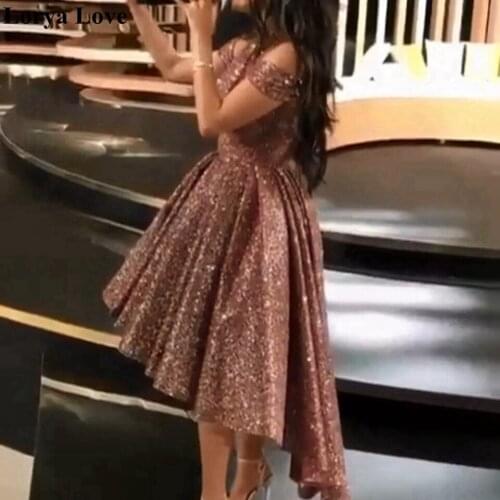 Sequin Evening Dresses 2020 Rose Pink Short Front Long Back Prom Gowns Women Formal Party Night Off The Shoulder Robe De Soiree