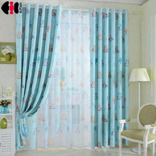 Owl Printed Blue Yellow Curtains for Children fabric nursery cloth Sheer tulle curtains for baby room bedroom blinds WP220B