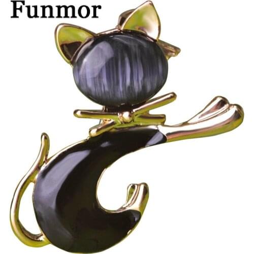 Funmor Brand Lovely Cat Brooch Corsage Gold Rhinestone Hijab Pin Birthday Gift Small Women Kids Animal Opal Brooches Jewelry