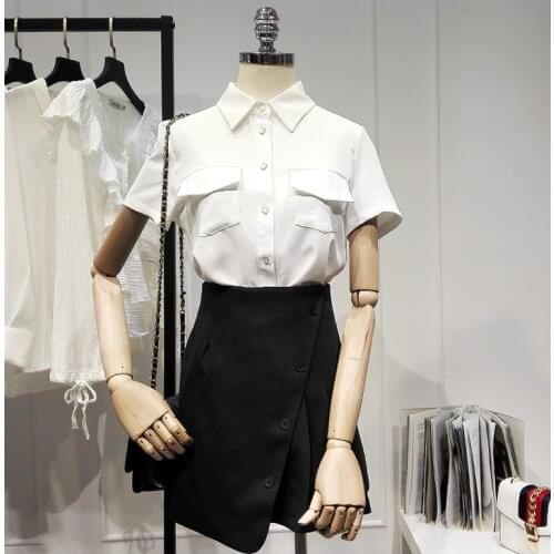 Womens Spring Summer Runway Fashion Short Sleeve Pocket White Basic Shirt Female Casual Loose OL Blouse Tees Tops TB1653
