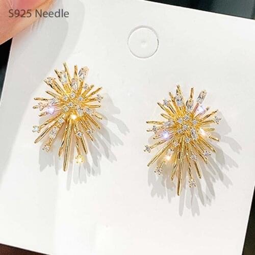 Real 925 Sterling Silver Needle Stud Earrings for Women Jewelry Bling Star Flower Rhinestone Elegant Punk Rock Female Earrings