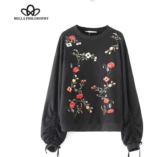 Bella Philosophy 2017 Autumn Black Embroidery Sweatshirt Women Casual Lantern Sleeve Pullovers Female Sweatshirt Ladies Tops
