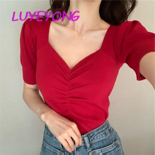 8 Colors Lady Puff Sleeve Stretch Pleated Slim Top Basic Knit Streetwear Women Knitted Sexy V Neck Short T Shirt 2021 Summer