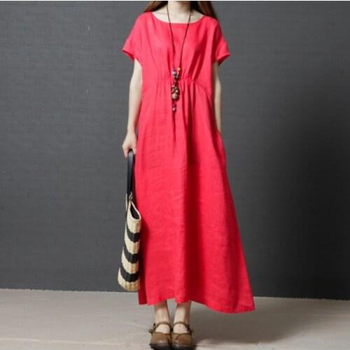 2020 new fashion woman long dress cotton linen casual solid short sleeve O Neck dress maxi size M-7XL fit man loose red vintage