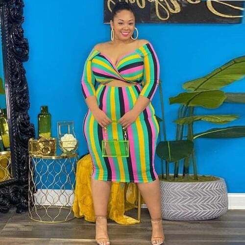 Gradient Striped Print Plus Size Women Dress Off The Shoulder Long Sleeve Knee Length Dresses Office Lady High Waist Slim Dress