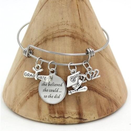 10PC 3 Item Stainless Steel Expandable Wire Bangle Zinc Alloy Star Charm 2022 Graduation Bracelet&Bangle Graduaters Gift Pulsera