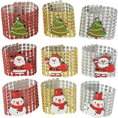 5Pcs Snowman Santa Christmas Tree Rhinestone Napkin Ring Serviette Buckles Holders For Dining Table Holiday Decor