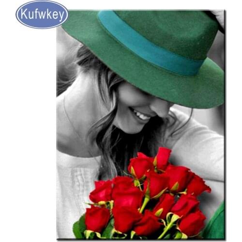 Diamond mosaic girl in a green hat with red roses diamond embroidery sale full square diamond painting 5d New arrival portrait