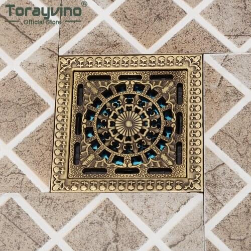 Antique Brass Floor Drain Bathroom Floor Drain Household Art Carved Flower Floor Drain Shower Square Drain Strainer
