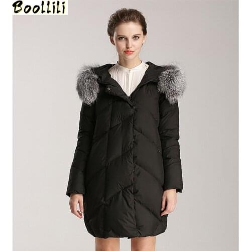 Boollili Fashion Womens Down Jackets Fox Fur Collar Hooded Coat Women Winter Parka Padded Ladies Coats Casaco De Inverno