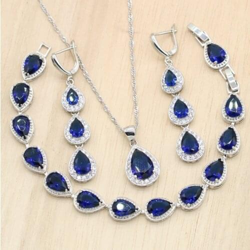 Blue Green White Cubic Zircon Wedding Silver Color Jewelry Sets For Women Bracelet Earrings Pendant Necklace Christmas Gift 3PCS