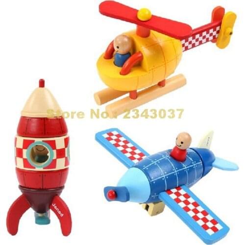 Wooden Rocket Airplane Helicopter Children Building Block Toy