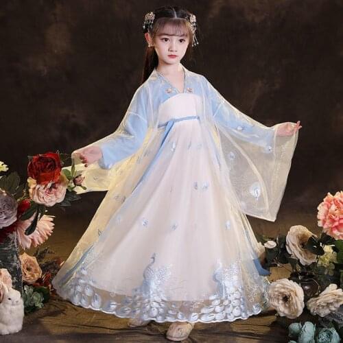 Girls' Hanfu childrens ancient summer spring short sleeve antique skirt Fairy Light yarn big kids princess party Tang dress