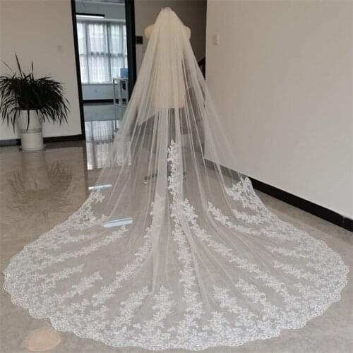 Long Ivory Wedding Veil with Comb One Layer Lace Appliqued White Bridal Accessories Tulle Veils for Brides 3 4 5 Metres