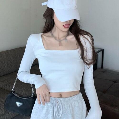 T-Shirts For Women Long Sleeve Square Collar Korean Solid Color Casual Slim Tops Female Exposed Navel Bottoming T Shirt Top