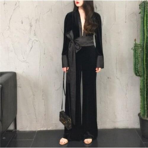 High Quality Brand New 2020 Women Fashion Jumpsuit Deep V-neck Long Sleeve Velvet Long Overalls Velour Romper Black Jumpsuit