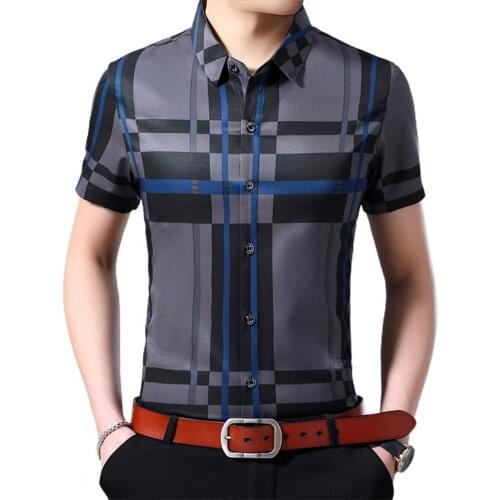 Male Shirt Vintage Comfy Single-breatsed Lapel T-Shirt Short Sleeve Plaid Pattern Polyester Streetwear Blouse Mens shirt