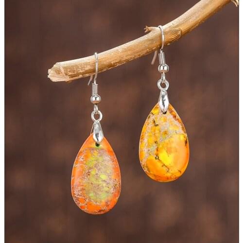 Natural Stone Drop Earrings for Women Teardrop Jaspers Dangle Earring Cute Elegant OL Gems Stone Handmade Art Jewelry