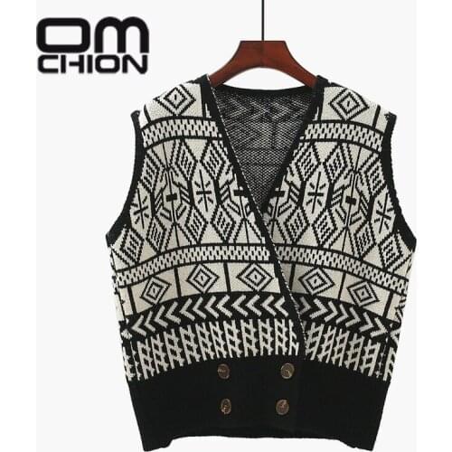 OMCHION Korean Style Knit Tops 2021 Spring V-neck Geometric Brown Sweater Vest For Women Casual Chic Waitcoat Cardigan BN52