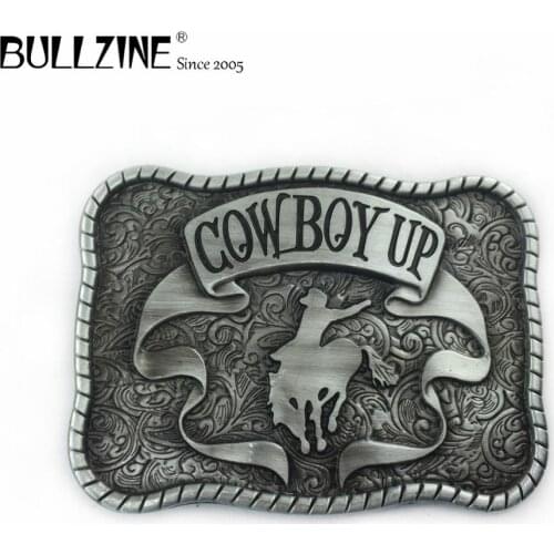 The Bullzine wholesale Cowboy up belt buckle with pewter finish FP-02961 suitable for 4cm width belt