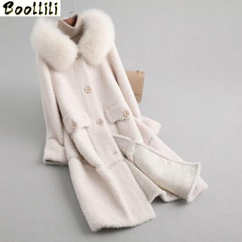 Boollili Winter Coat Women Real Fur Coat Female Sheep Shearling Jacket Real Fox Fur Collar 100% Wool Coats Long Jacket