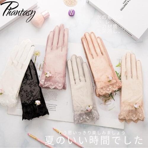 Phantasy Summer Sun Protection Ice Silk Gloves Thin Touch Screen Non-Slip Mittens Elegant Lady Floral Lace Gloves Accessories