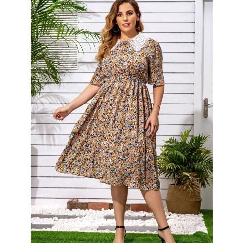 DOIB Large Size Dresses Floral Print Lace Peter Pan Collar Plus Size Dresses 2020 Summer Oversize Bobycon Dress 2XL 3XL 4XL 5XL