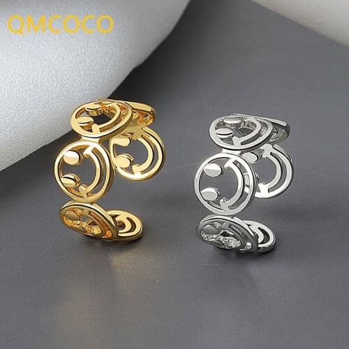 QMCOCO 925 Silver New Fashion Punk-Style Party Jewelry Women Lovers Creative Geometric Smile-Face Opening Rings