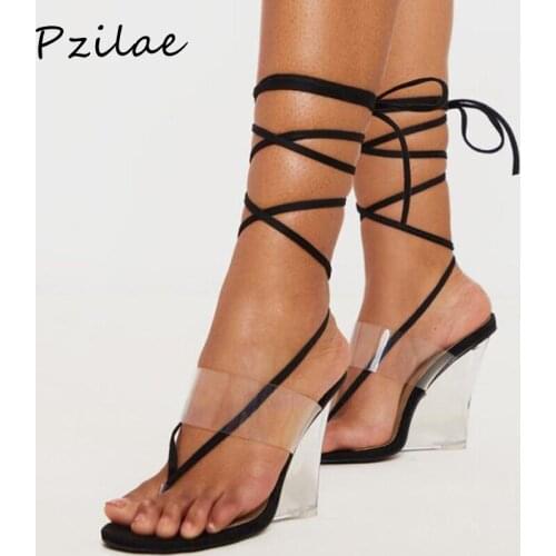 Pzilae Sexy PVC sandals women transparent sandals lace-up wedges high heels crystal thong sandals solid black party size 35-41