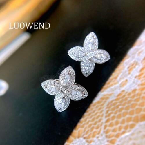 LUOWEND Solid 18k White Gold Earrings Fashion Four Leaf Clover Shape Stud Earrings Real Natural Diamond Jewelry Set for Women