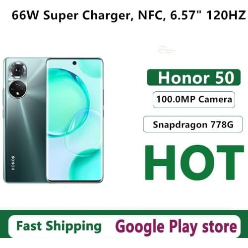 Official Honor 50 5G Smart Phone Multi Languages Android 11.0 6.57" OLED 120HZ Fingerprint 100.0MP Camera 66W Charger Snapdragon