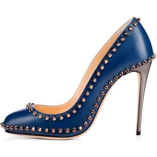 Sexy High Heels Lady Shoes Fashion Rivet Round Toe Single Shoes Shallow Thin Heel Sheepskin Brand Women Shoes Zapatos Mujer