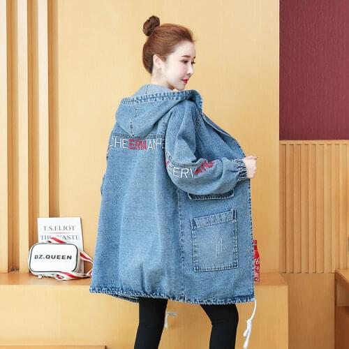 Mid-length Denim Jacket Female Korean Windbreaker Loose and Wild 2020 Spring New Hooded Casual Embroidery Long Sleeve Coat K235