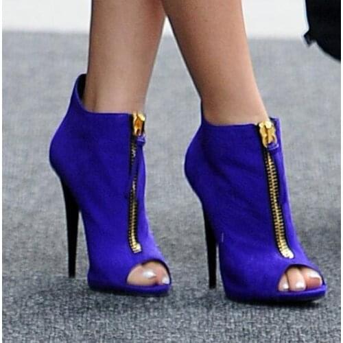 Spring 2017 Hot Women Blue Cashmere Peep Toe Zip Front Stiletto Heels Nightclub High Heels Short Ankle Boots Booties Pumps Lady