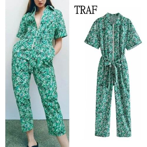 TRAF Za 2021 Green Jumpsuit Women Summer Vintage Print Zipper Woman Elegant Bow Short Sleeve Woman Clothes Loose Long Jumpsuit