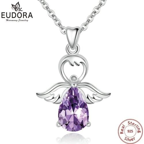 EUDORA Genuine 925 Sterling Silver Purple Cubic Zircon Anggel Caller Pendant Necklace Link Chain for Women Fine Jewelry CYD144
