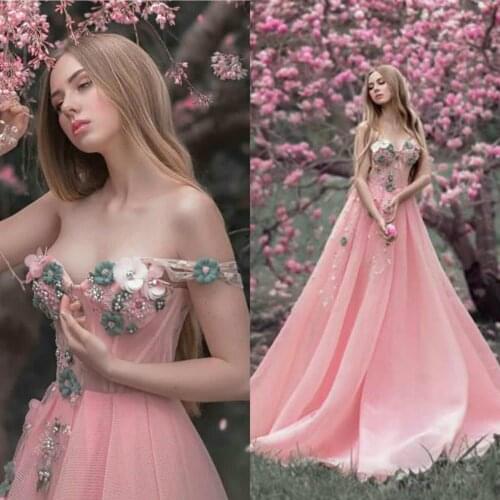 Hand Made Flower Prom Dresses Pink Sexy Off Shoulder Pearls Beading A Line Evening Gowns Illusion Tulle Appliques Party Dress