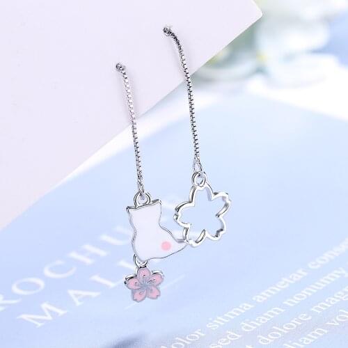 2021 New Fashion Long Temperament Earrings Asymmetric Cat Flowers Earrings Sweet and Tender Style For Women Party Jewelry Gift