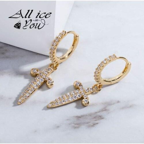 ALLICEONYOU New Ice Out Sword Dagger Drop Earrings Full Iced Cubic Zirconia High Quality Hip Hop Fashion Jewelry For Gift
