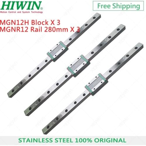 Free Shipping HIWIN Stainless Steel set of 3 pcs MGN12 280mm linear guide rail with MGN12H slide blocks Carriages for 3D Printer