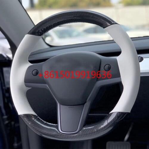 For Tesla model S model X Model 3 DIY Hand-stitched Car Steering Wheel Cover Carbon Fibre White Leather