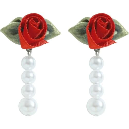 Dvacaman 2021 New Korean Rose Flower Fabric Earrings Simulated Pearl Tassel Long Dangle Drop Earrings for Women Fashion Jewelry