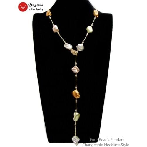 Qingmos Multicolor Sea Shell Pearl Necklace for Women with 15*20mm Baroque Sea Shell Pearl Long Necklace Jewelry 28'' nec6538