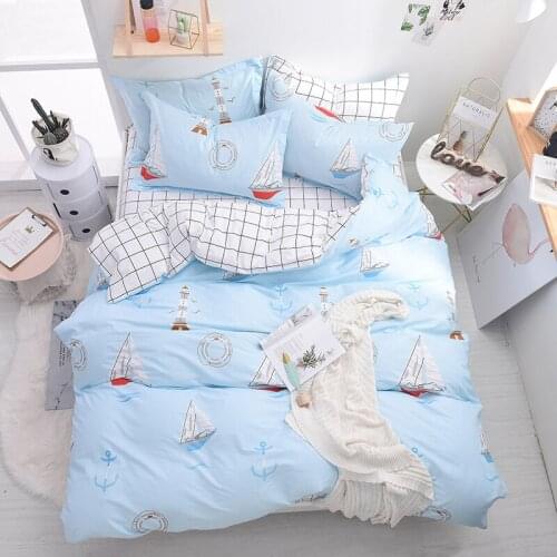 Light Blue Boat Navigation Summer Duvet Cover Sets 100% Cotton Fabric Soft Bed Set with Flat Sheet 4Pcs 1.2m or 1.5m Bed Size