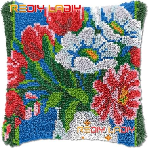 Latch Hook Cushion Flowers Vase DIY Needlepoint Kits Chunky Acrylic Yarn Arts Crocheting Lofty Pillow Case Hobby & Crafts