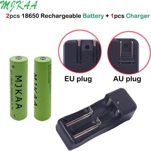 MJKAA 2pcs 3.7v 18650 3150mAh Rechargeable Battery + US AU Plug Black 220V Dual 18650 Li-Ion Battery Charger