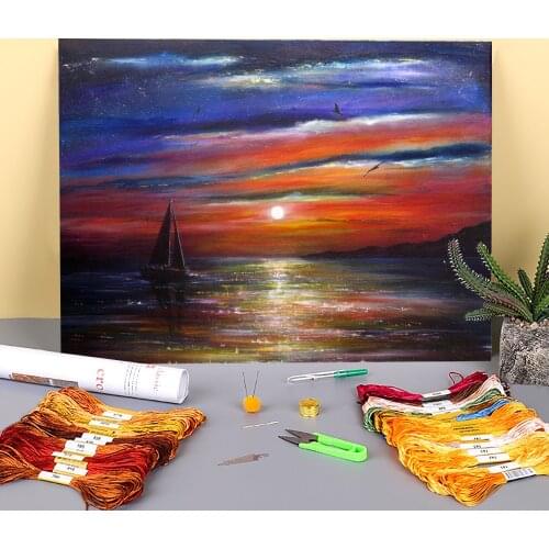 Natural Scenery Sunset Journey Pre-Printed 11CT Cross Stitch DIY Embroidery Set DMC Threads Handiwork Hobby Craft Wholesale